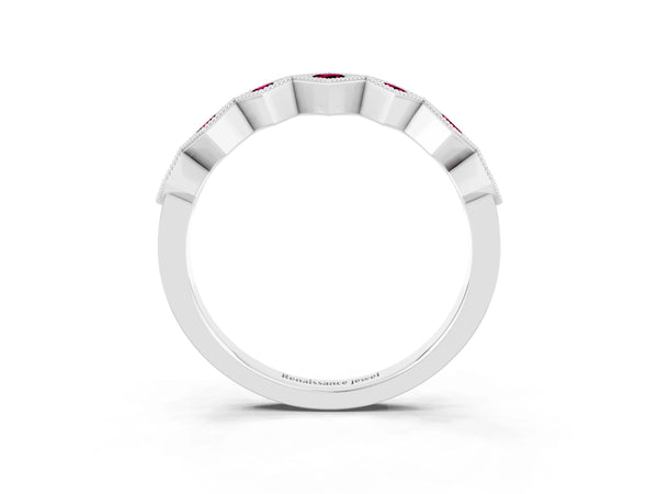 White Gold Round Garnet Vintage Wedding Band with Milgrain Square Bezels