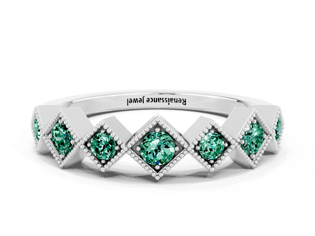 White gold Milgrain Square Bezel Round Green Sapphire Chevron Band_6