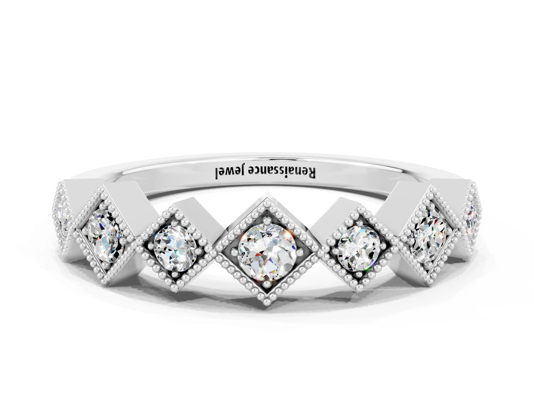 White gold Milgrain Square Bezel Round Moissanite Chevron Band_6