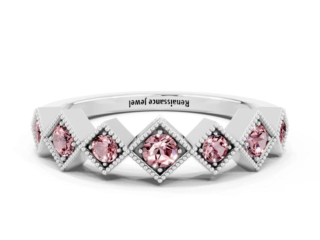 White gold Milgrain Square Bezel Round Morganite Chevron Band_6
