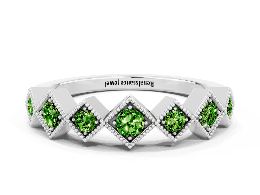 White gold Milgrain Square Bezel Round Peridot Chevron Band_6