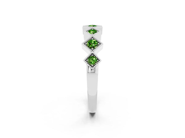 Sterling Silver Round Peridot Vintage Wedding Band with Milgrain Square Bezels