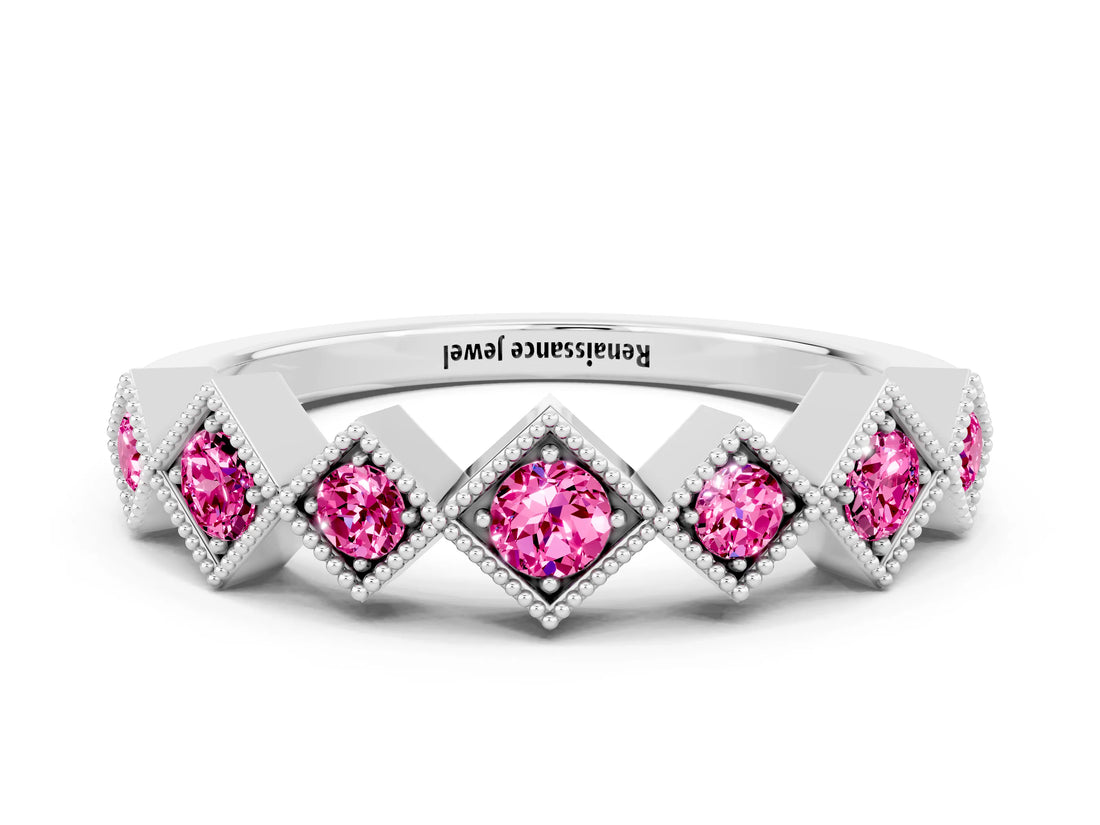 White gold Milgrain Square Bezel Round Pink Sapphire Chevron Band_18