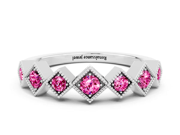 Sterling Silver Round Lab-Grown Pink Sapphire Vintage Wedding Band with Milgrain Square Bezels