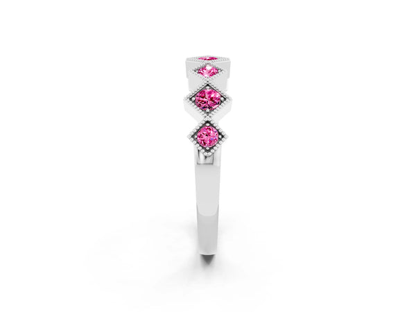 Platinum Round Lab-Grown Pink Sapphire Vintage Wedding Band with Milgrain Square Bezels