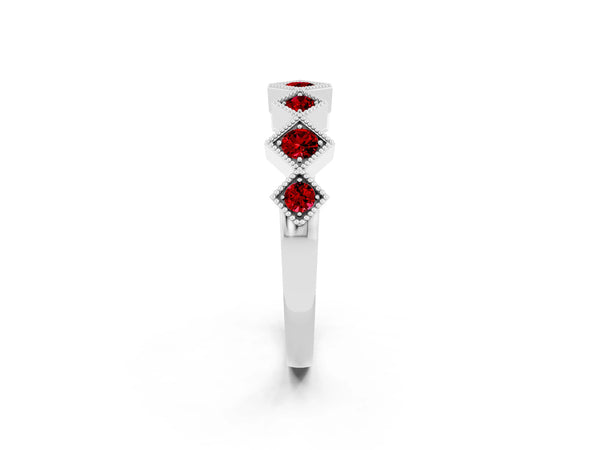 Sterling Silver Round Lab-Grown Ruby Vintage Wedding Band with Milgrain Square Bezels