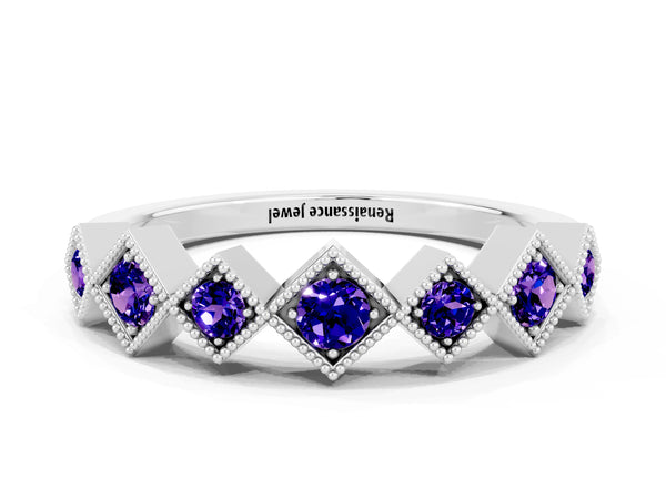 Platinum Round Tanzanite Vintage Wedding Band with Milgrain Square Bezels