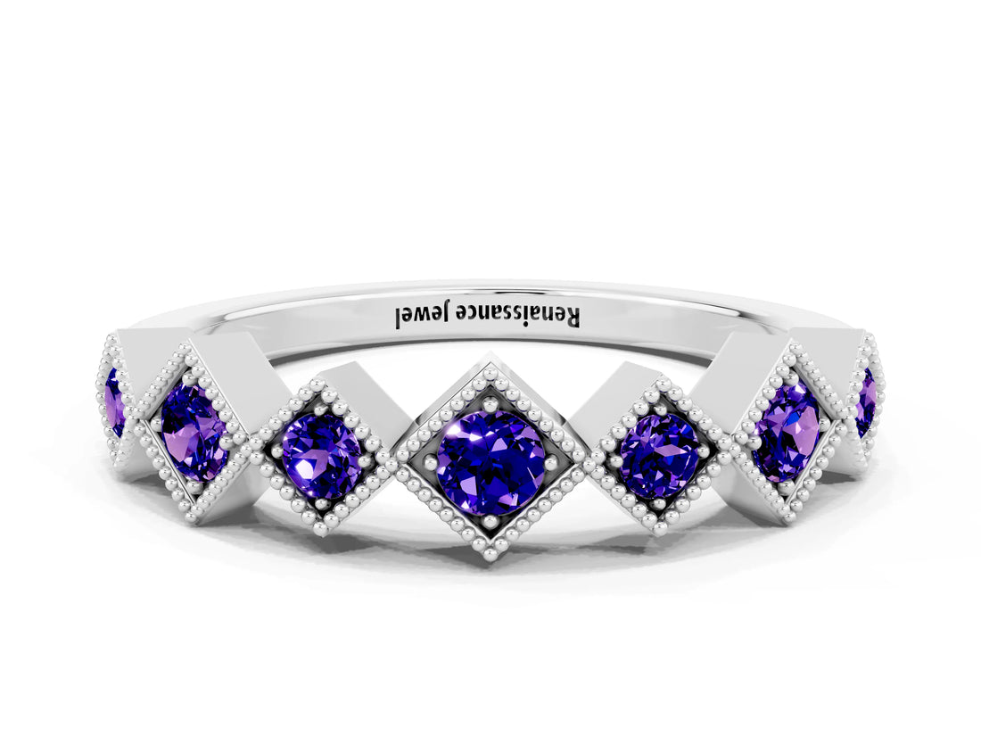 White gold Milgrain Square Bezel Round Tanzanite Chevron Band_6