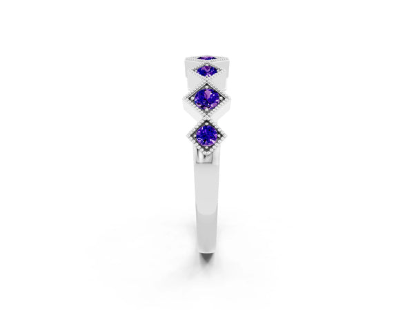 Platinum Round Tanzanite Vintage Wedding Band with Milgrain Square Bezels