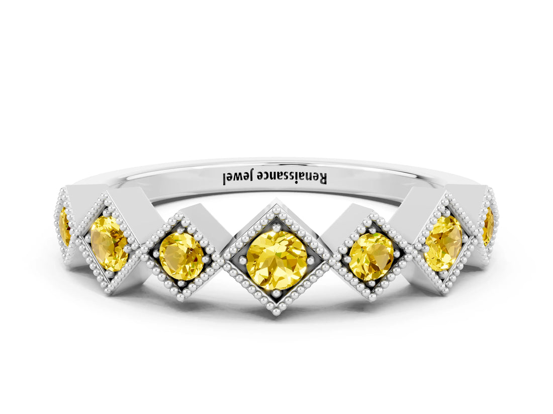 White gold Milgrain Square Bezel Round Yellow Sapphire Chevron Band_18