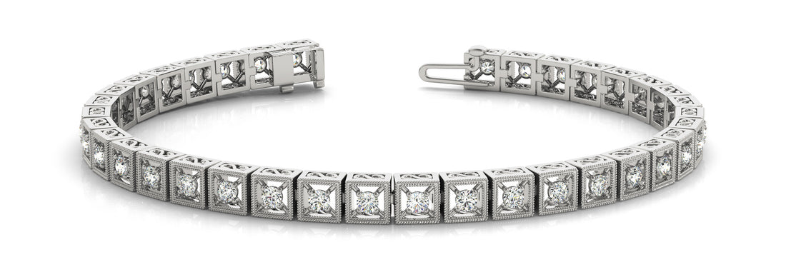 White gold Milgrain Square Link Bracelet with Round Cut Diamonds in Bezel Setting