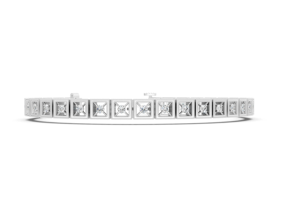 White gold Milgrain Square Link Bracelet with Round Cut Diamonds in Bezel Setting_4