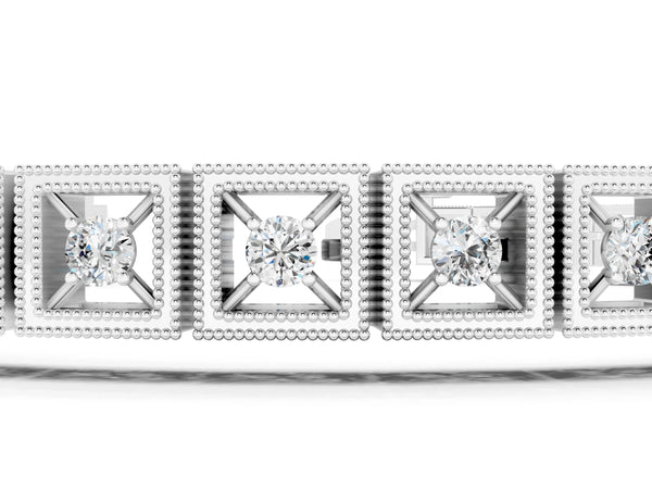 White gold Milgrain Square Link Bracelet with Round Cut Diamonds in Bezel Setting