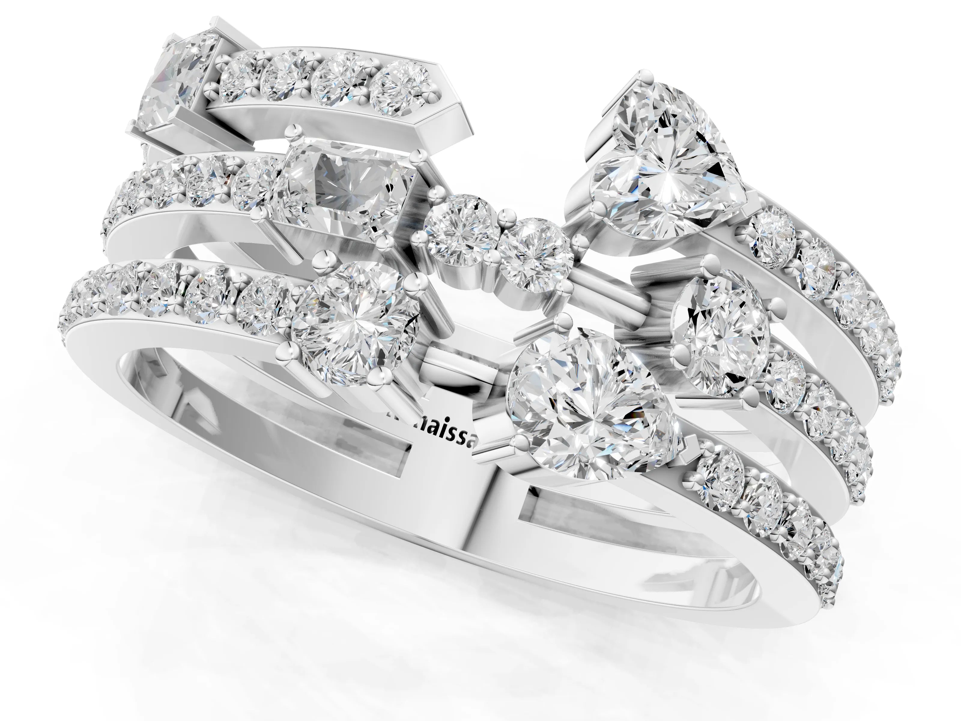 White gold Mixed Shape Diamond Multi Row Promise Ring with Round Diamond Accents_1