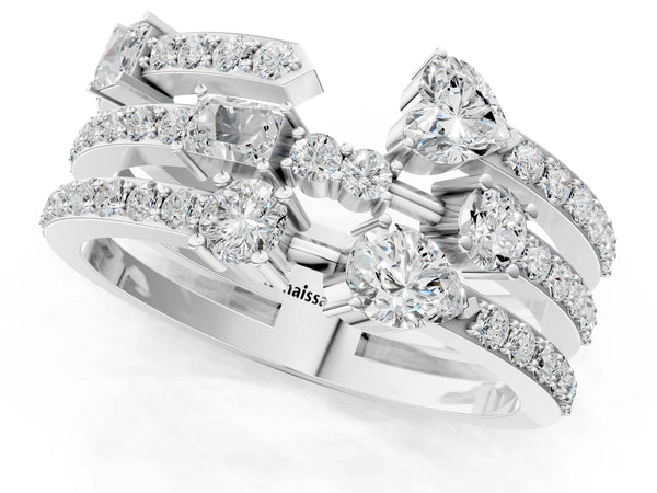 Silver Mixed Shape Diamond Multi Row Promise Ring with Round Diamond Accents