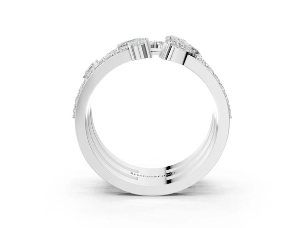 Silver Mixed Shape Diamond Multi Row Promise Ring with Round Diamond Accents