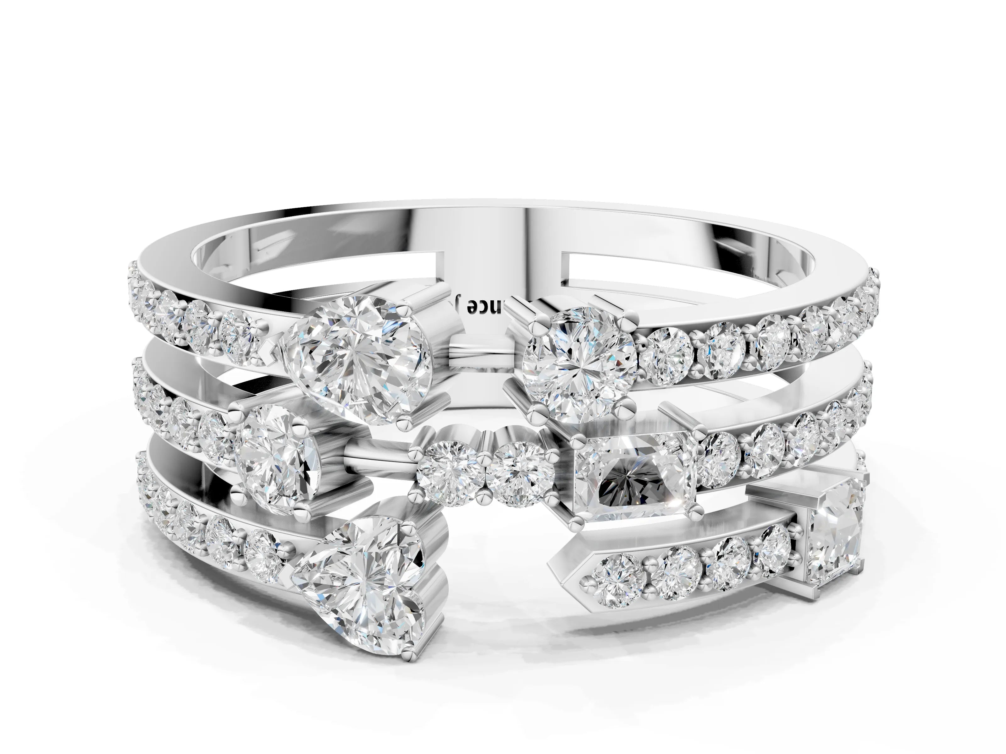 White gold Mixed Shape Diamond Multi Row Promise Ring with Round Diamond Accents