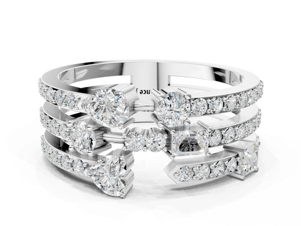 White gold Mixed Shape Diamond Multi Row Promise Ring with Round Diamond Accents