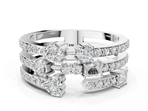 White gold Mixed Shape Diamond Multi Row Promise Ring with Round Diamond Accents