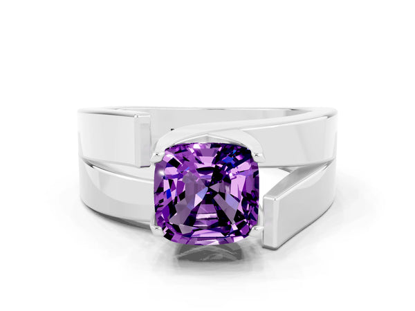 Platinum Modern Tension Set Cushion Cut Amethyst Solitaire Wide Band Ring