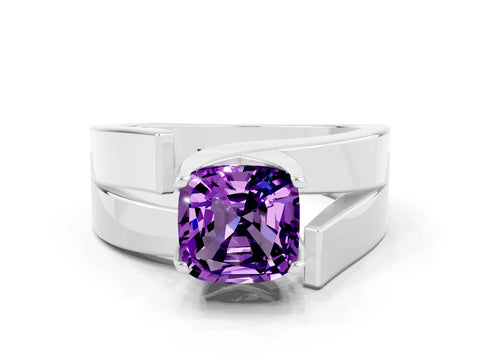 White gold Modern Tension Set Cushion Cut Amethyst Solitaire Wide Band Ring