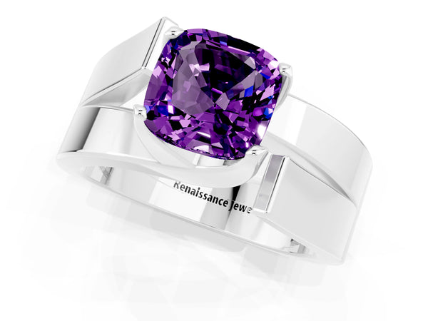 White gold Modern Tension Set Cushion Cut Amethyst Solitaire Wide Band Ring