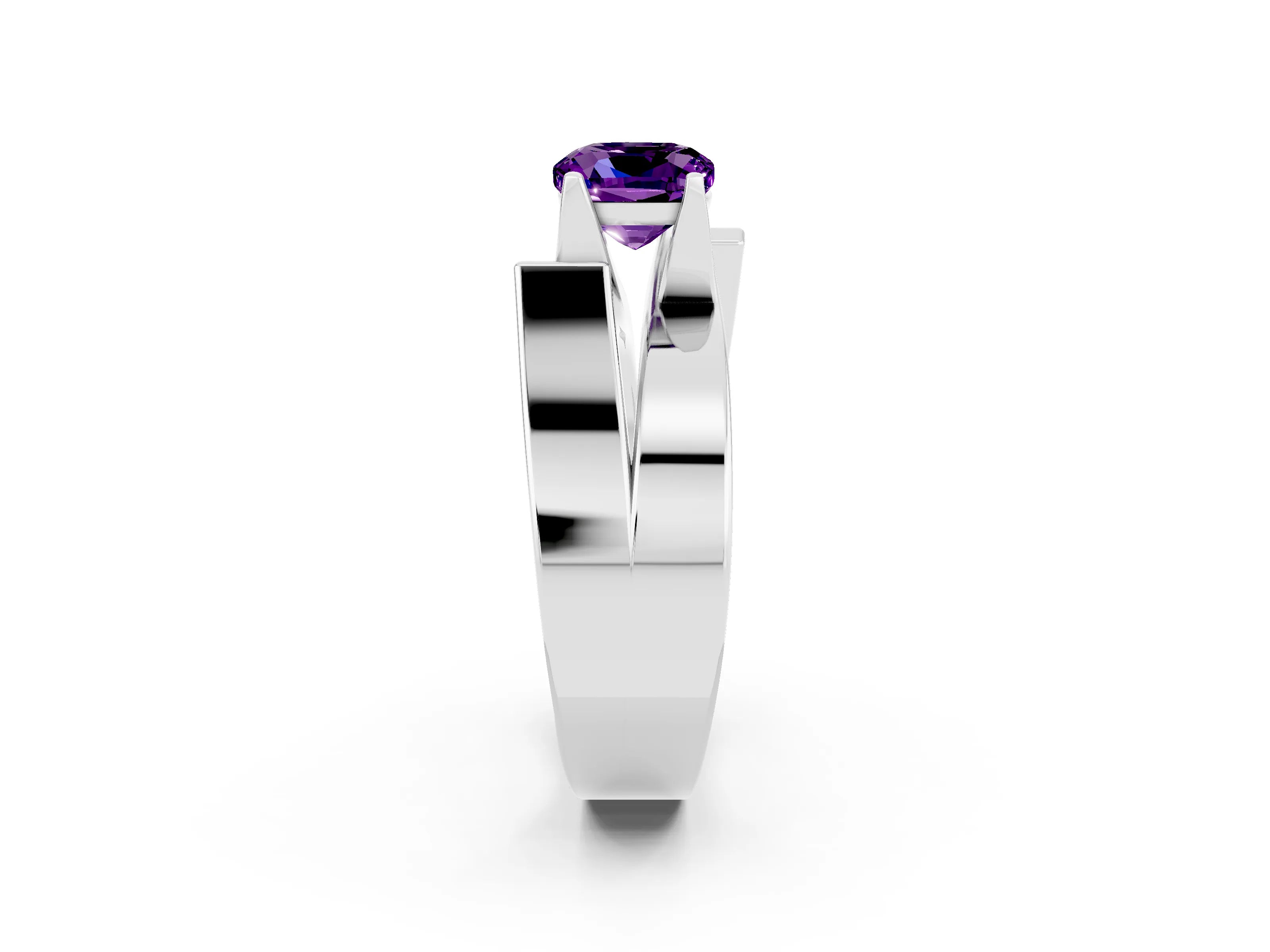 White gold Modern Tension Set Cushion Cut Amethyst Solitaire Wide Band Ring_2