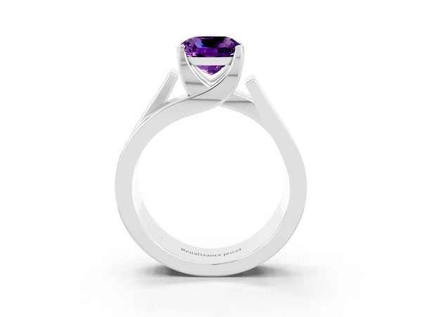 Platinum Modern Tension Set Cushion Cut Amethyst Solitaire Wide Band Ring
