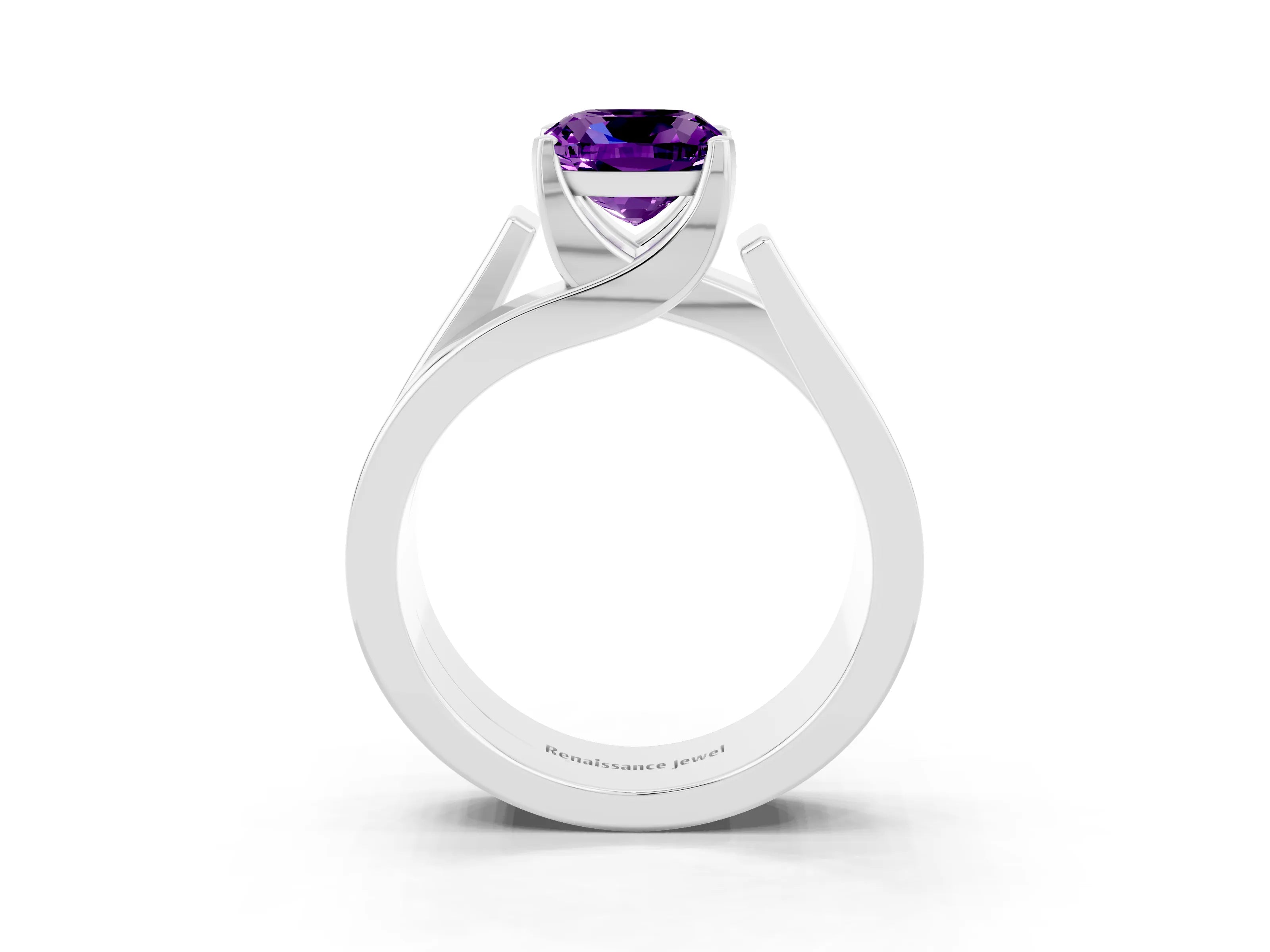 White gold Modern Tension Set Cushion Cut Amethyst Solitaire Wide Band Ring_3