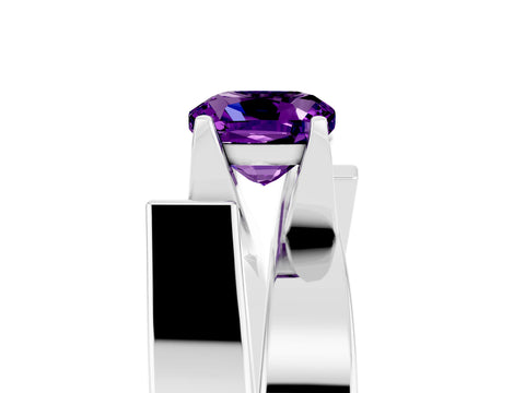 White gold Modern Tension Set Cushion Cut Amethyst Solitaire Wide Band Ring_5