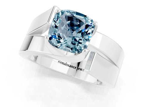 White gold Modern Tension Set Cushion Cut Aquamarine Solitaire Wide Band Ring_1