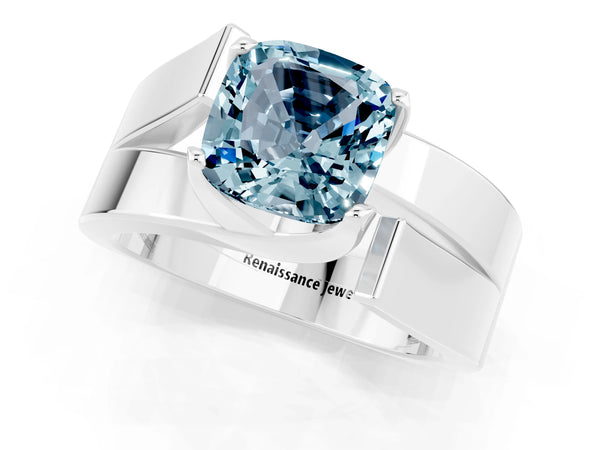 White gold Modern Tension Set Cushion Cut Aquamarine Solitaire Wide Band Ring