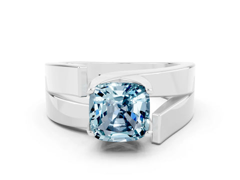 White gold Modern Tension Set Cushion Cut Aquamarine Solitaire Wide Band Ring