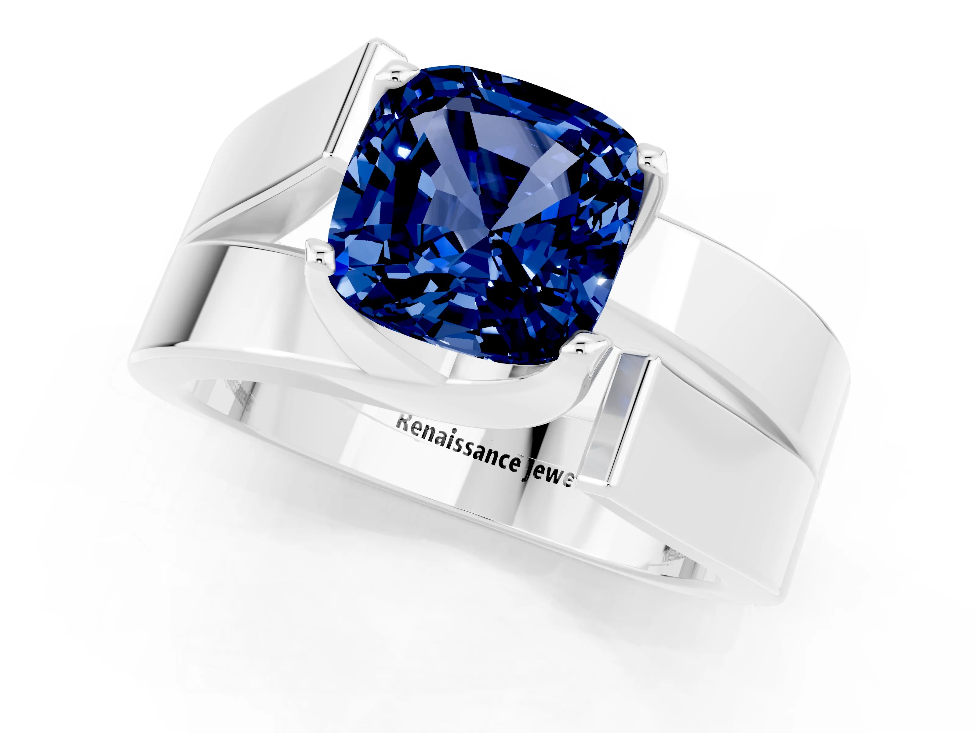 White gold Modern Tension Set Cushion Cut Blue Sapphire Solitaire Wide Band Ring_1