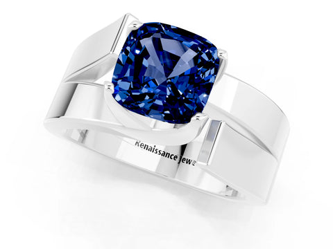 White gold Modern Tension Set Cushion Cut Blue Sapphire Solitaire Wide Band Ring_1