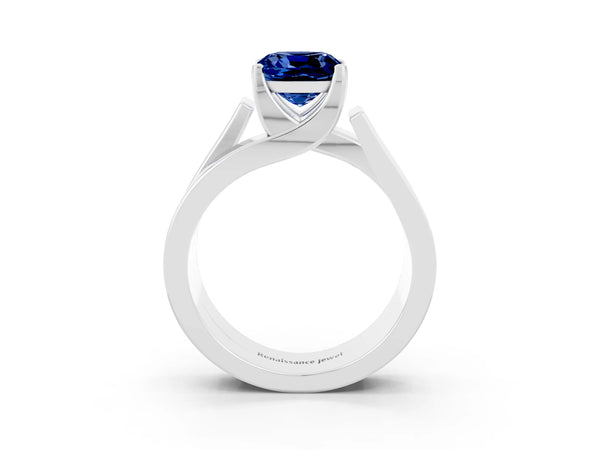 Platinum Modern Tension Set Cushion Cut Blue Sapphire Solitaire Wide Band Ring
