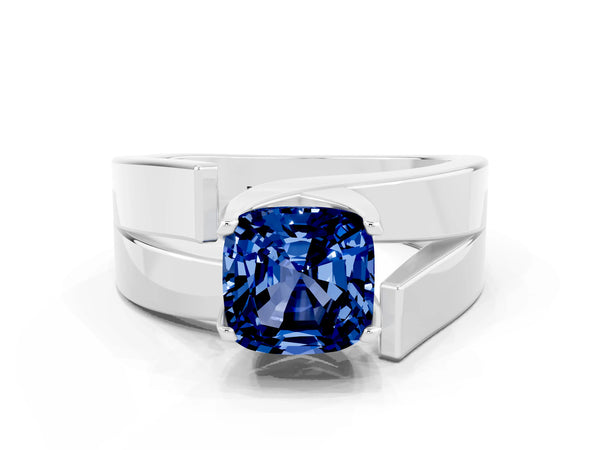White gold Modern Tension Set Cushion Cut Blue Sapphire Solitaire Wide Band Ring
