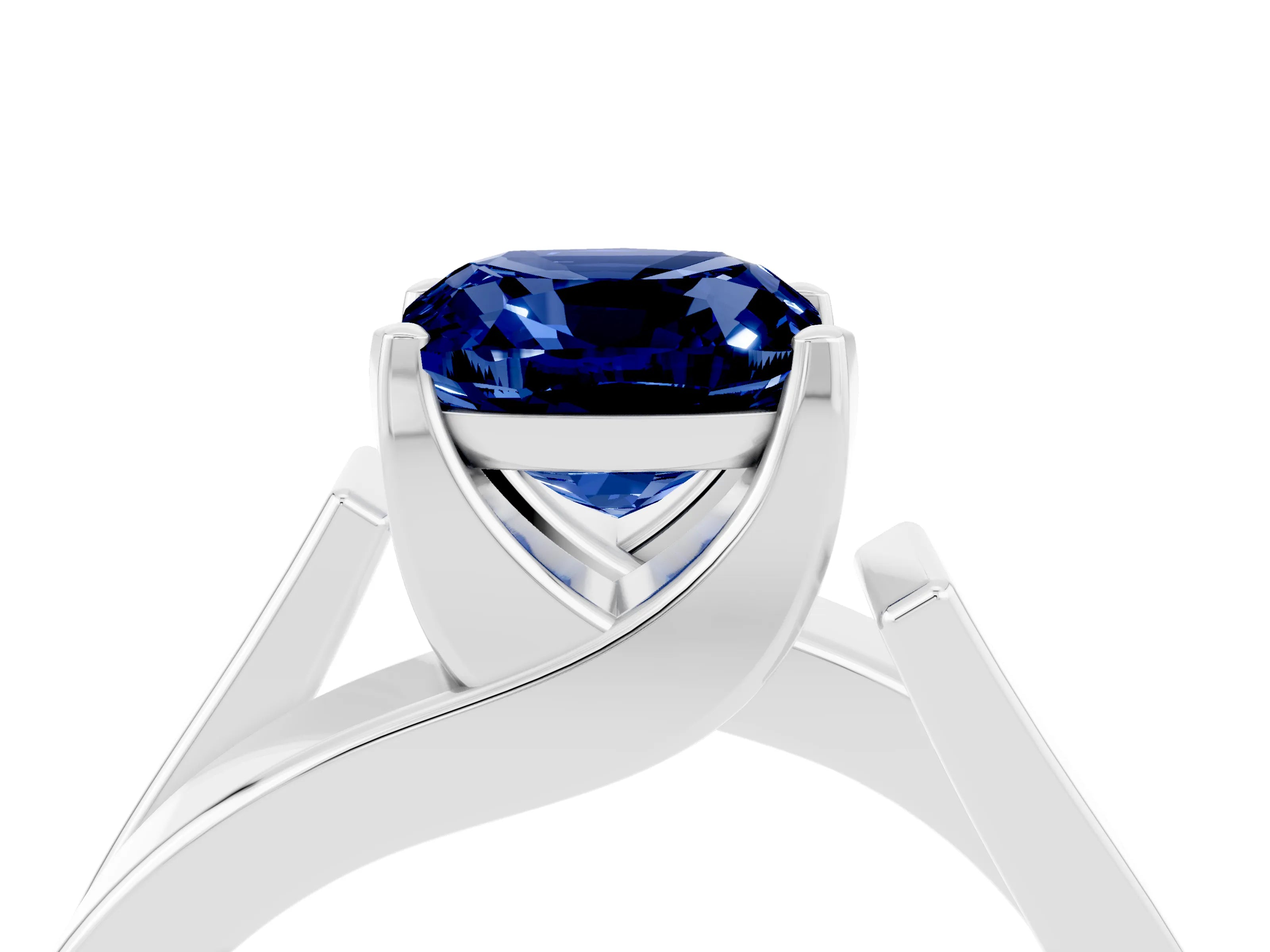 White gold Modern Tension Set Cushion Cut Blue Sapphire Solitaire Wide Band Ring_4