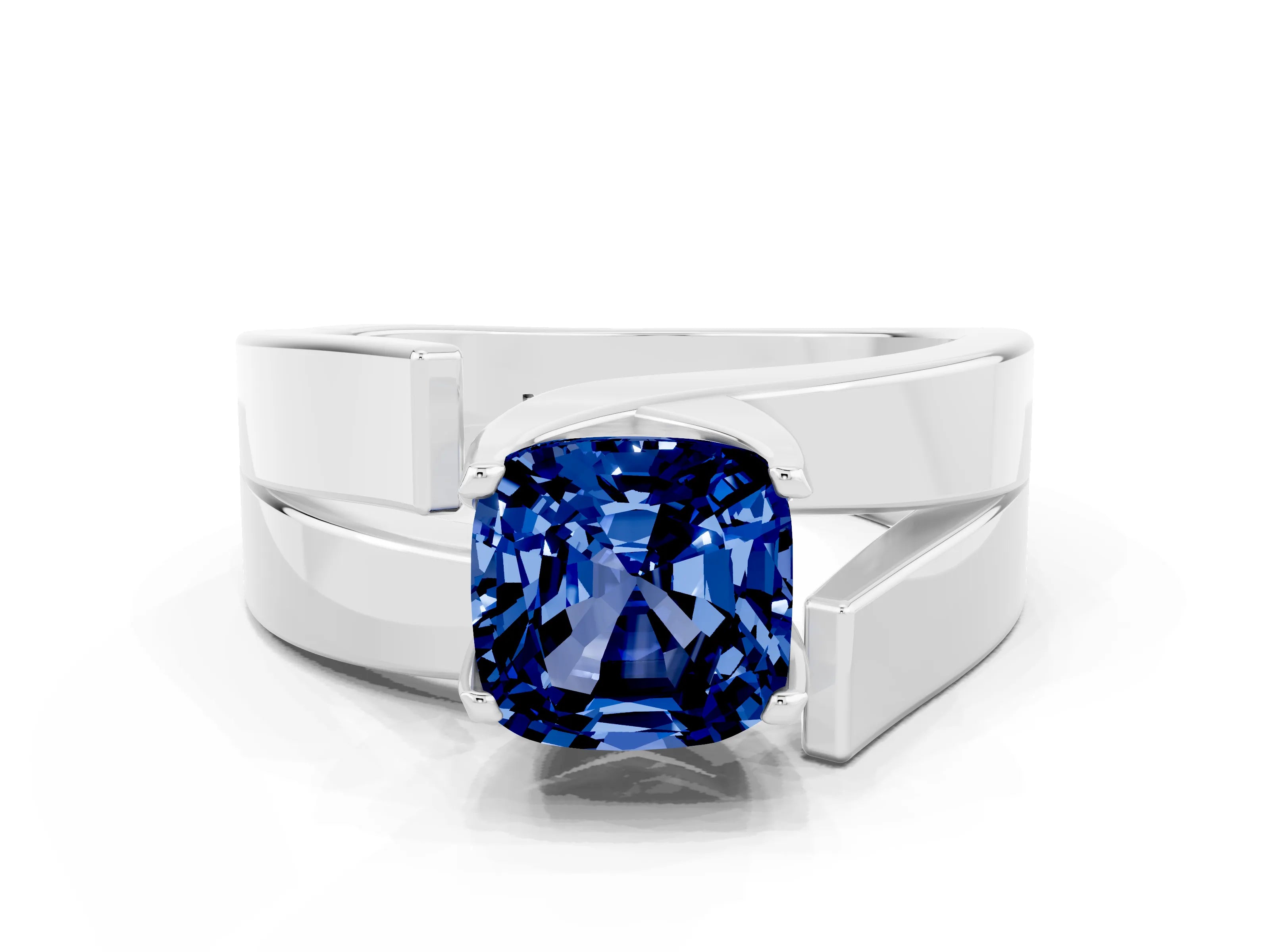 White gold Modern Tension Set Cushion Cut Blue Sapphire Solitaire Wide Band Ring