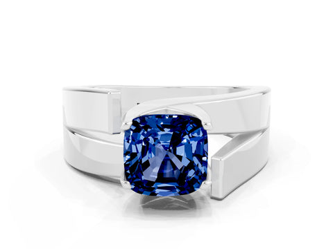 White gold Modern Tension Set Cushion Cut Blue Sapphire Solitaire Wide Band Ring