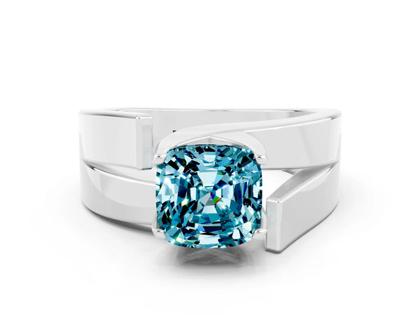 Platinum Modern Tension Set Cushion Cut Blue Topaz Solitaire Wide Band Ring