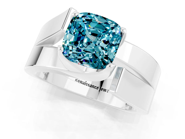 White gold Modern Tension Set Cushion Cut Blue Topaz Solitaire Wide Band Ring