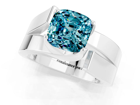 White gold Modern Tension Set Cushion Cut Blue Topaz Solitaire Wide Band Ring_1
