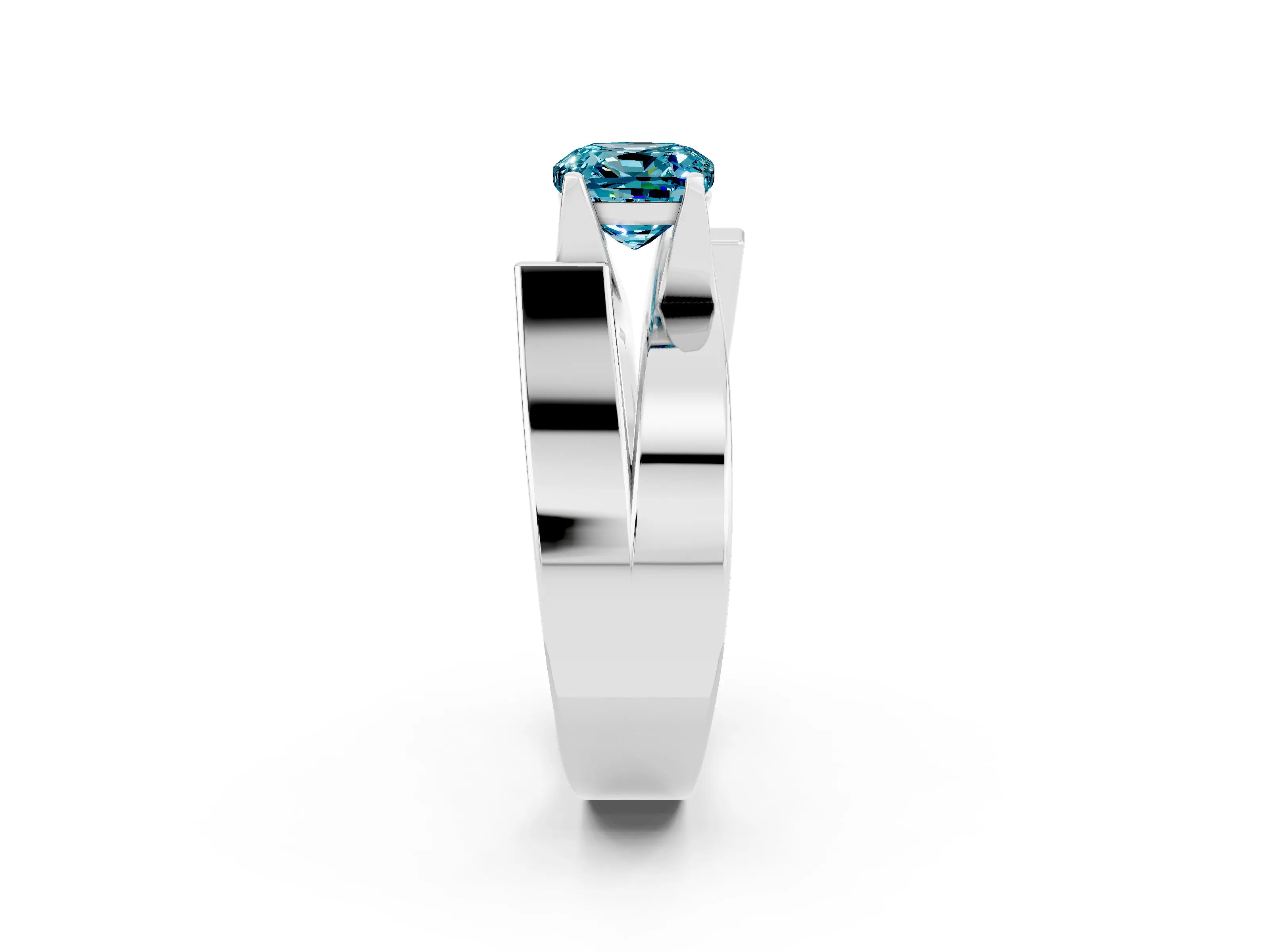 White gold Modern Tension Set Cushion Cut Blue Topaz Solitaire Wide Band Ring_2