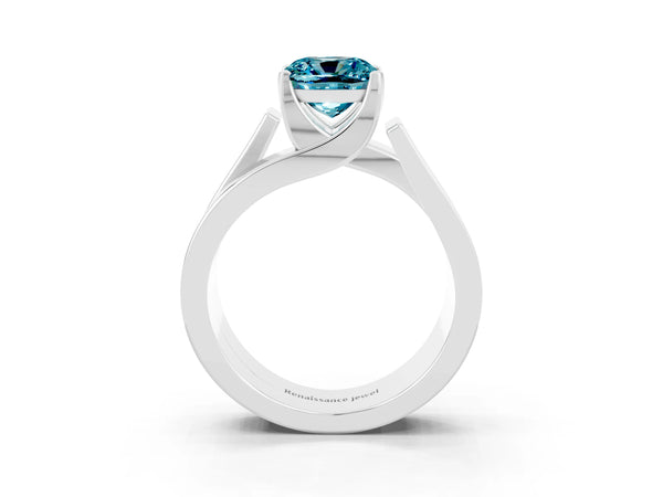 Silver Modern Tension Set Cushion Cut Blue Topaz Solitaire Wide Band Ring