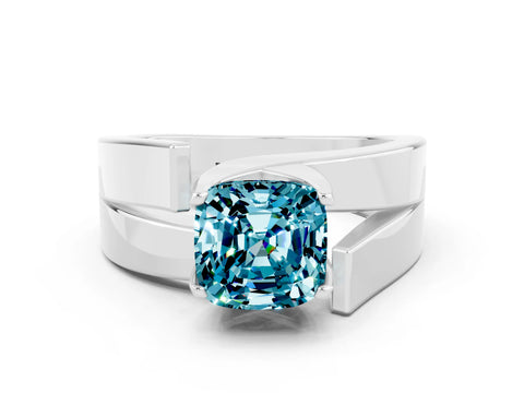 White gold Modern Tension Set Cushion Cut Blue Topaz Solitaire Wide Band Ring