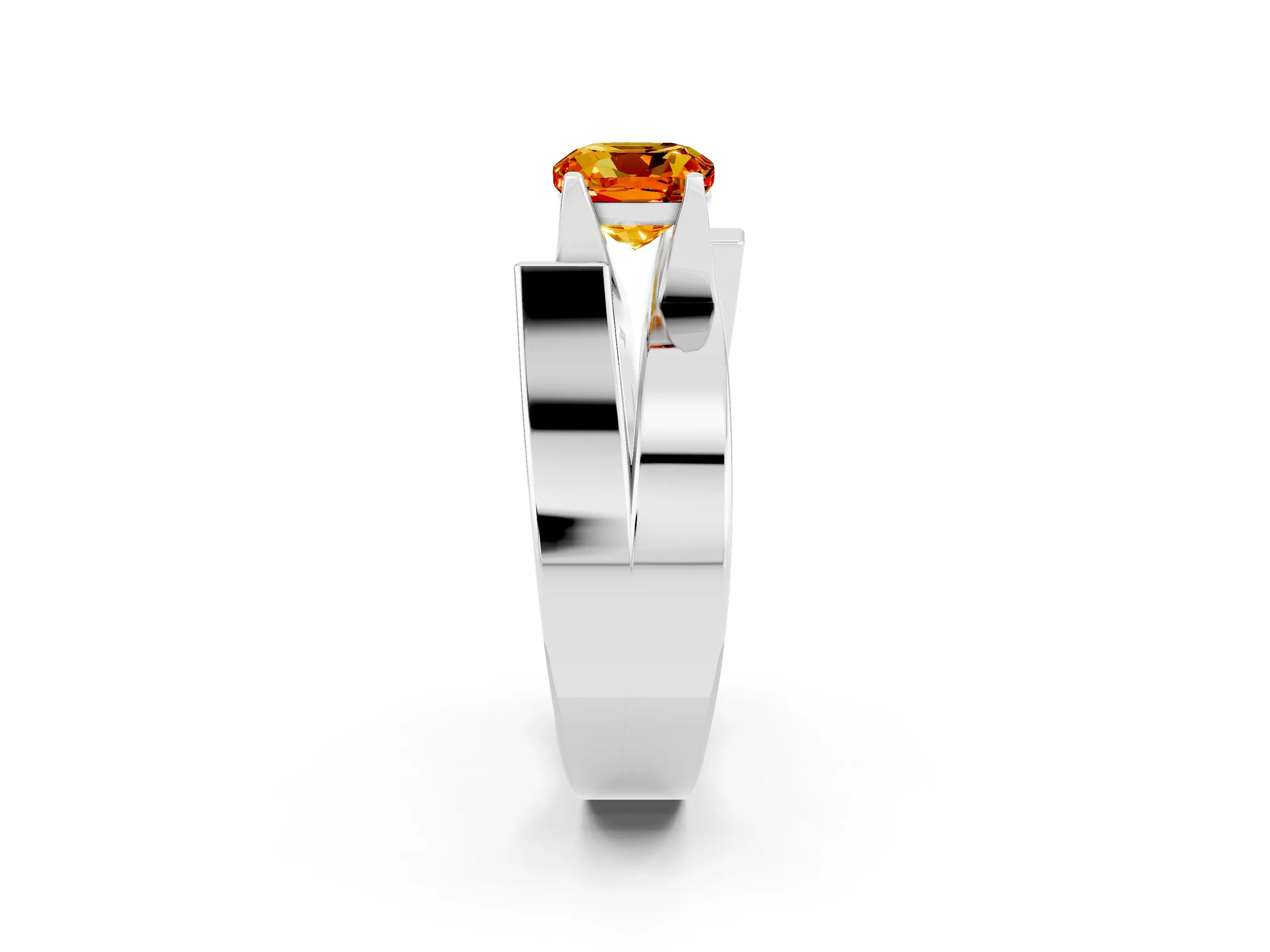 White gold Modern Tension Set Cushion Cut Citrine Solitaire Wide Band Ring_2