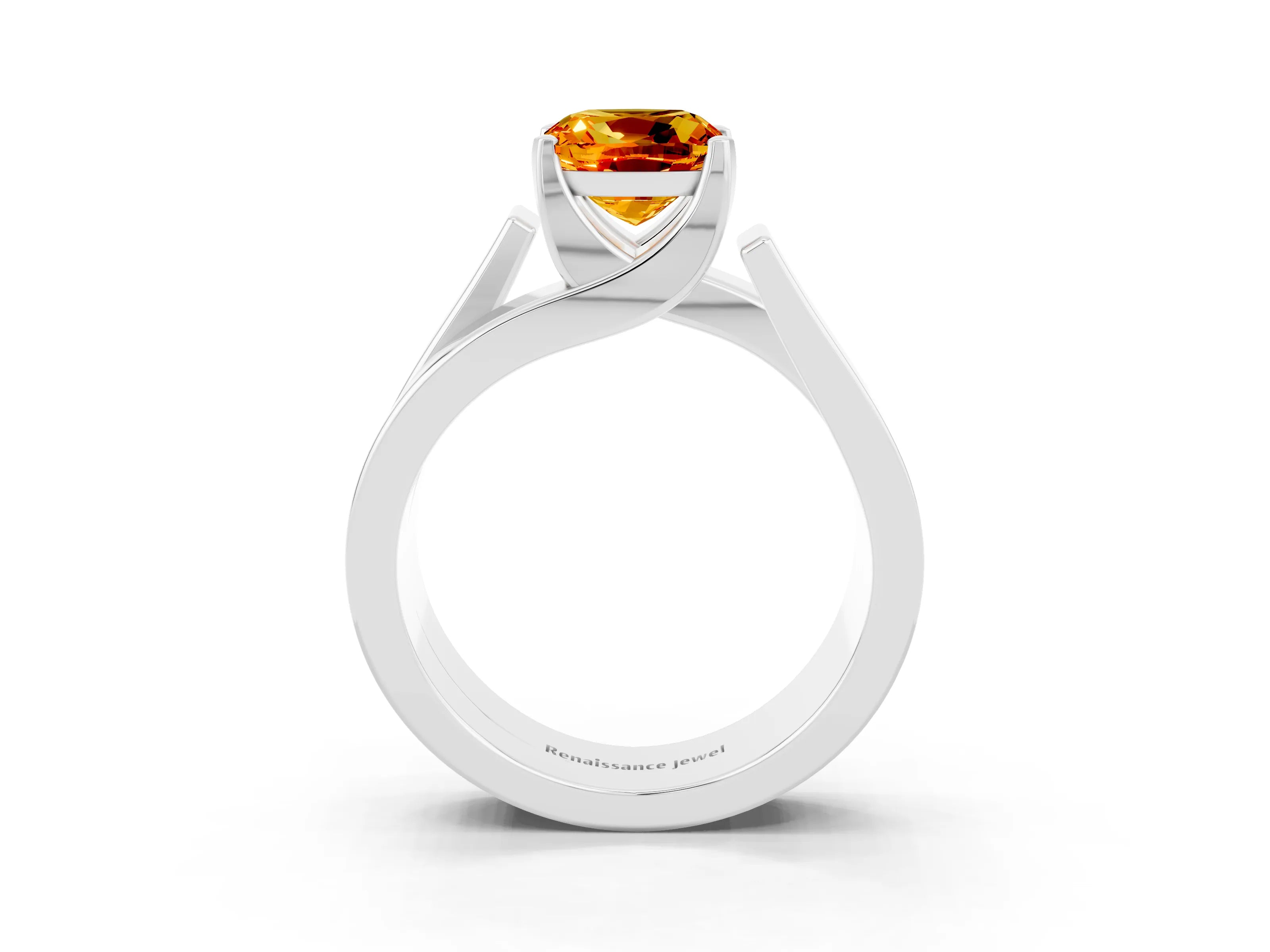 White gold Modern Tension Set Cushion Cut Citrine Solitaire Wide Band Ring_3
