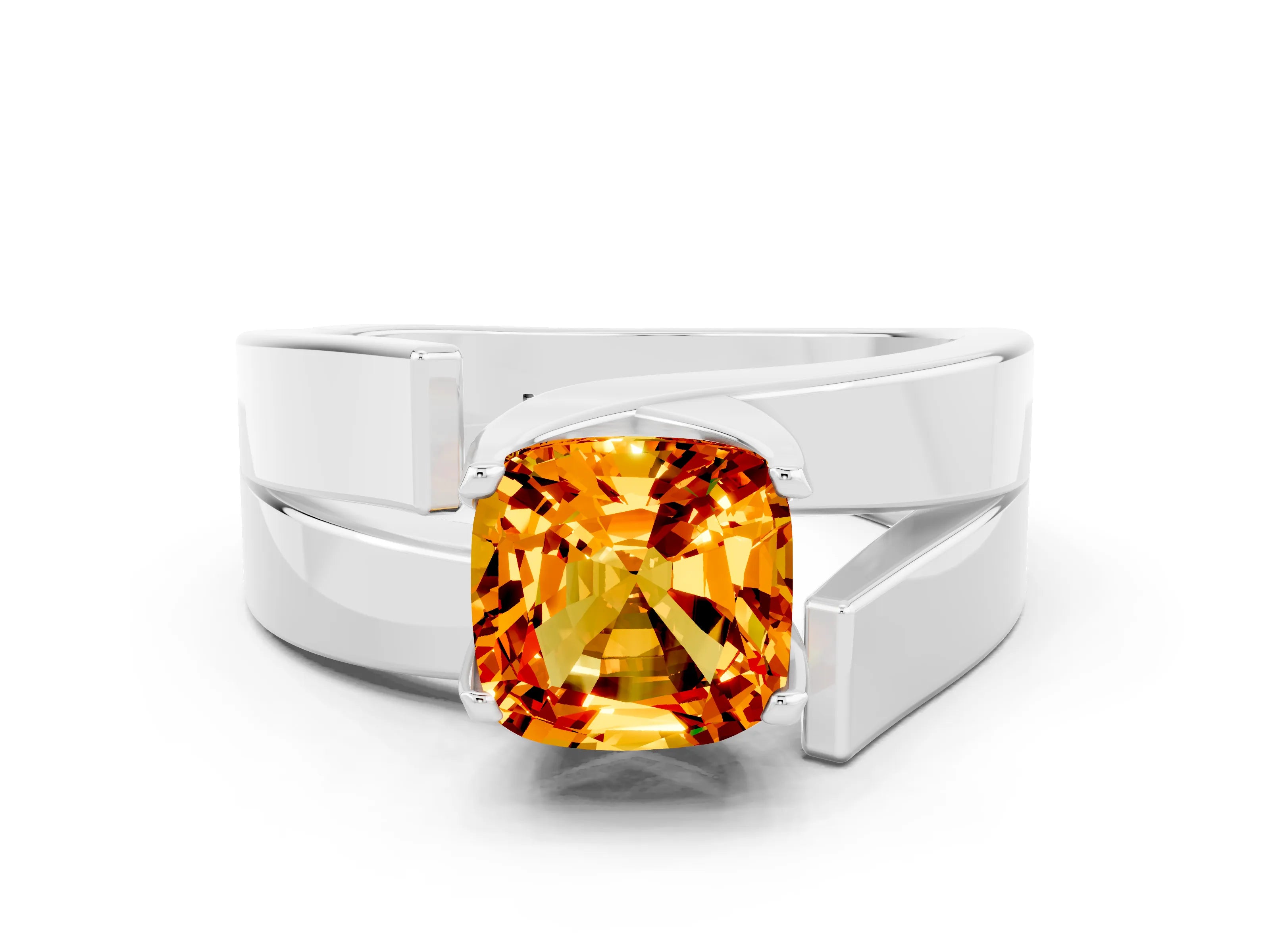 White gold Modern Tension Set Cushion Cut Citrine Solitaire Wide Band Ring
