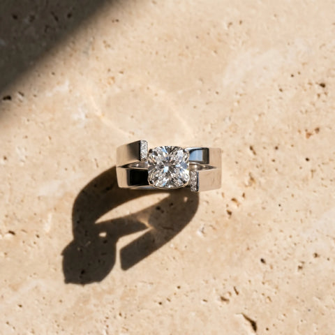 14K White Gold Modern Tension Set 6.01 Carat E VVS2 Cushion Diamond Solitaire Wide Band Ring